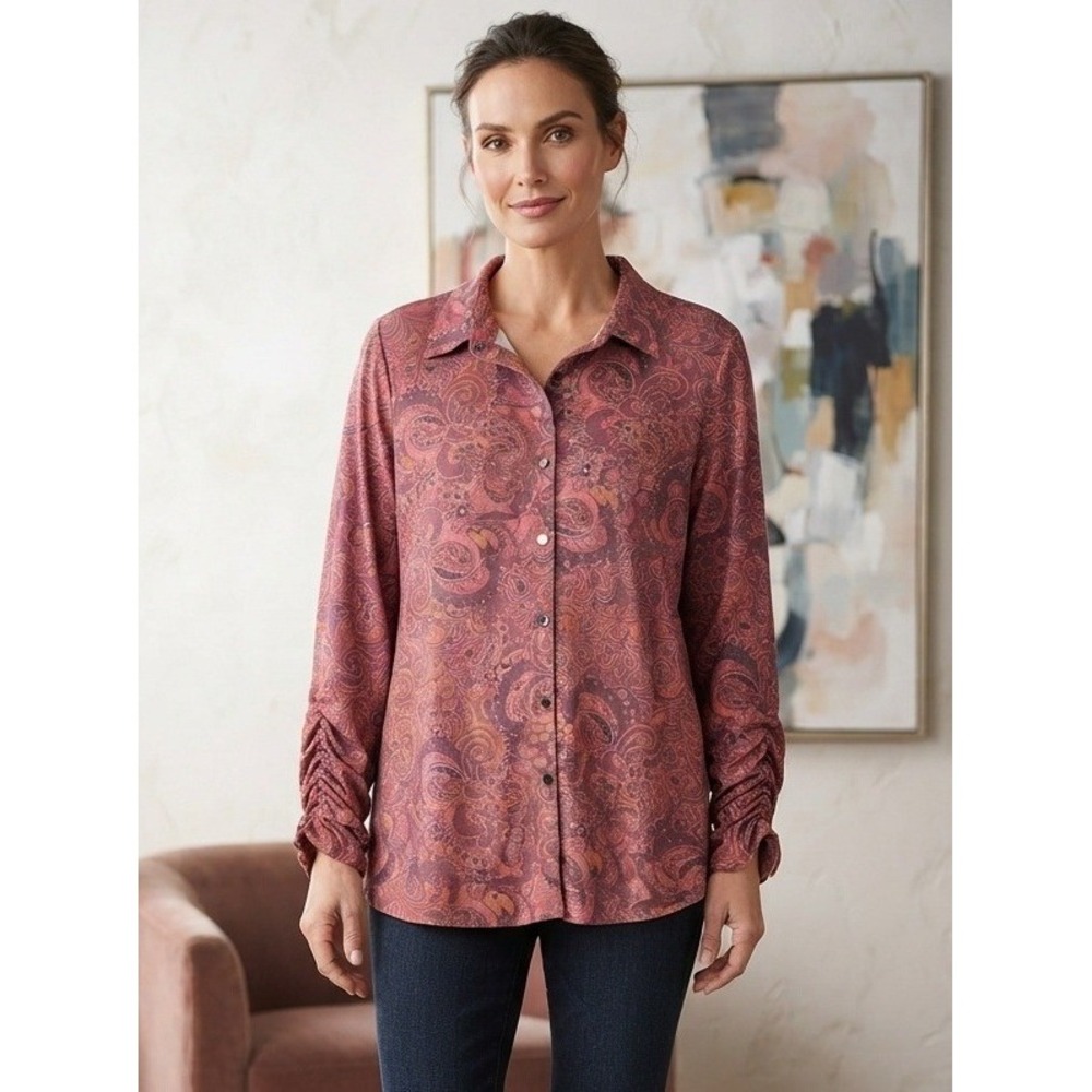 Susan Graver Paisley Button Front Long Sleeve Shirt Women's 1XP Red Ruched Cuffs